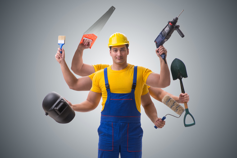 A multitask handyman worker concept. A man with six hands, each hand holding a handyman tool. handyman new orleans.