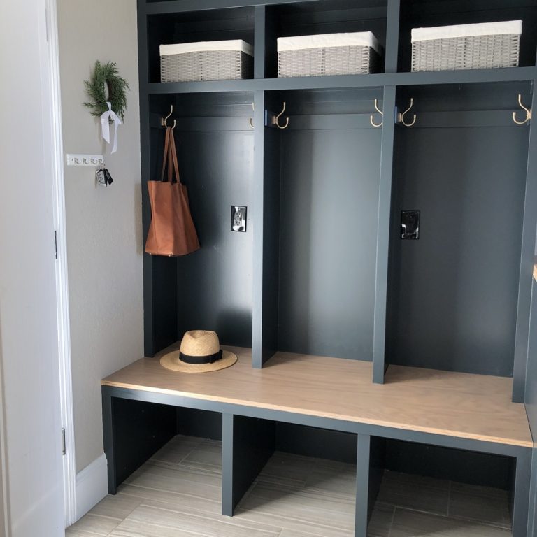 Mudroom,Navy,Cubbies,Wood,Bench,Brass,Hooks,Remodel